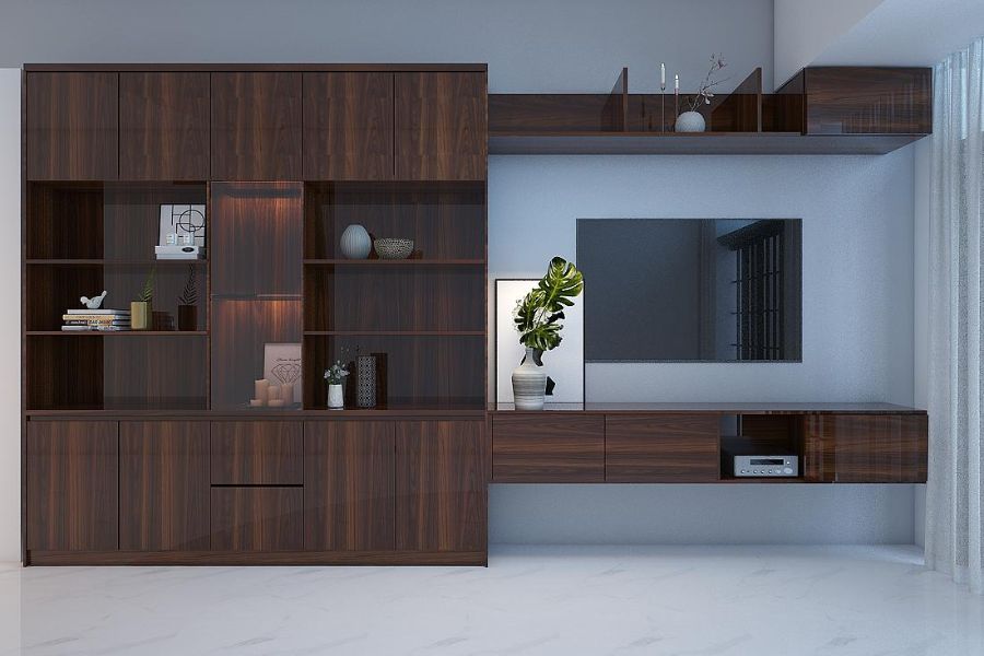 Mẫu kệ tivi kết hợp tủ đứng gỗ tự nhiên