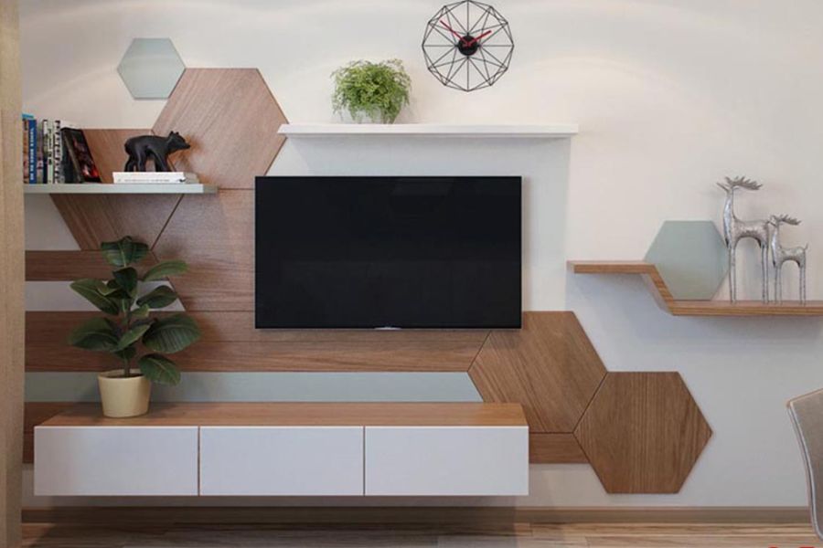 Mẫu kệ tivi được trang trí với các tấm ốp hình tổ ong độc đáo
