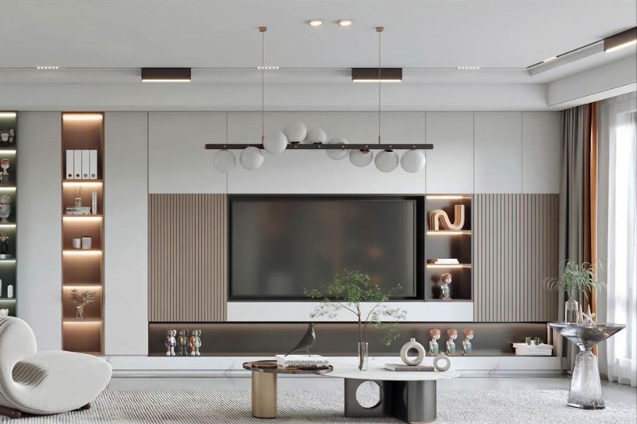 Mẫu kệ tivi phòng khách đẹp trang trí đèn led chiếu sáng