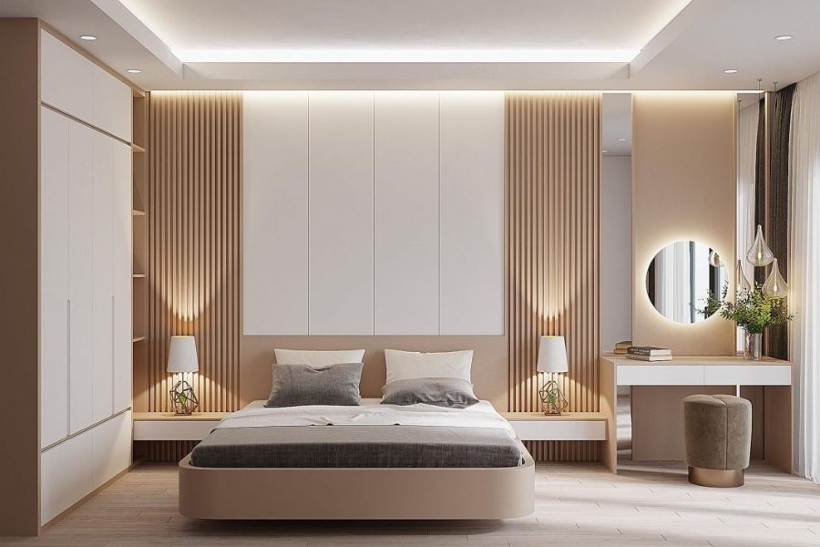 Tấm lam sóng than tre ốp tường phòng ngủ, màu sắc tươi sáng hiện đại