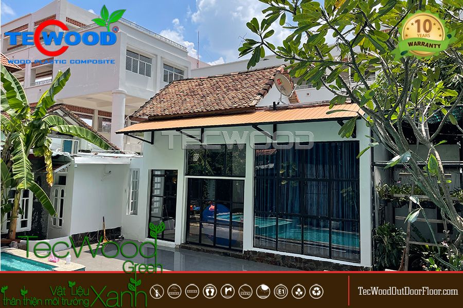 Mẫu mái hiên che nắng đẹp bằng gỗ nhựa ngoài trời