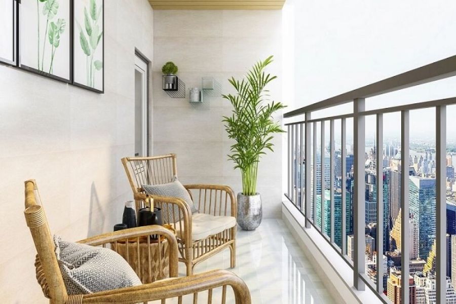 Ban công nhỏ với bàn ghế mây tre