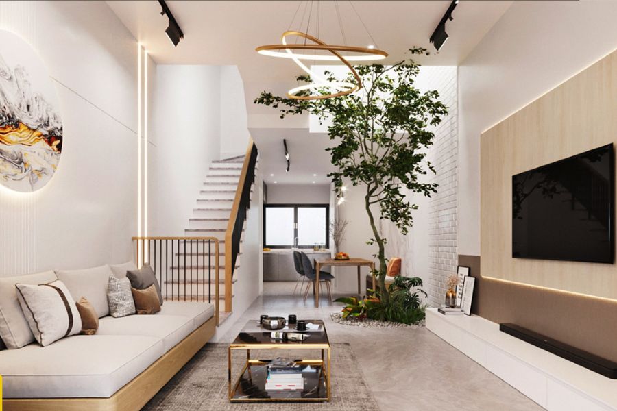 Cầu thang nhà phố lát đá hoa cương