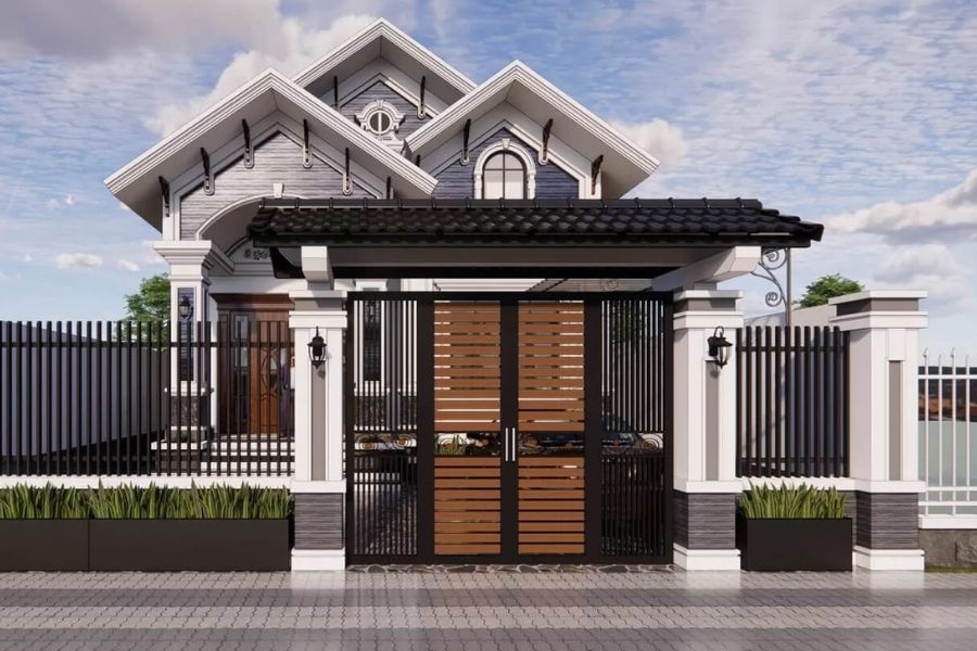 Cổng gỗ nhựa dạng lam kết hợp sắt