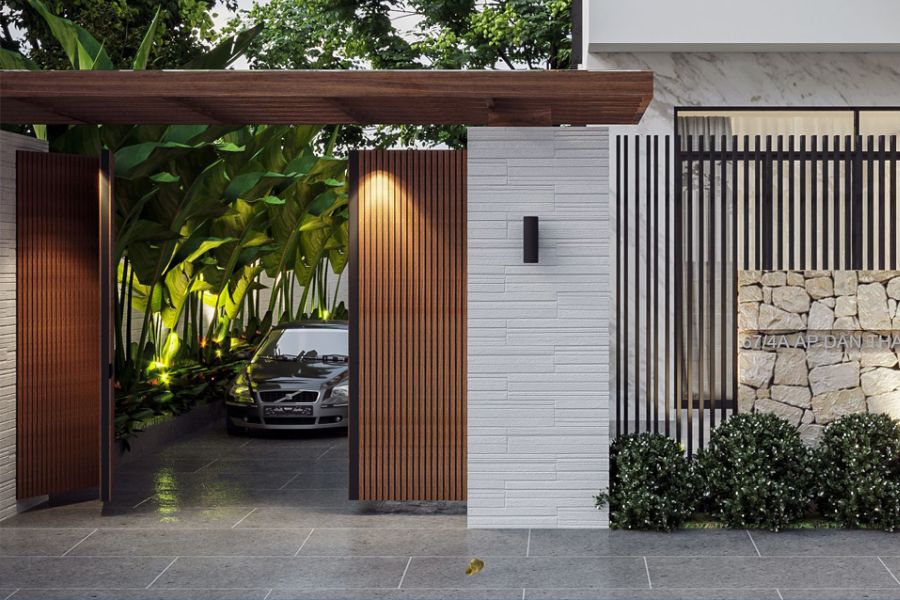 Mẫu cổng gỗ nhựa kết hợp đèn led