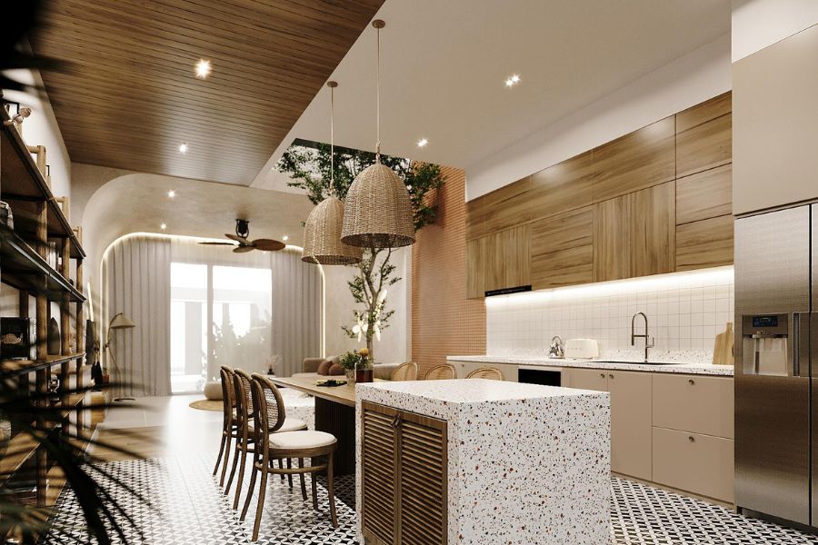Mẫu trần ốp gỗ cho nhà bếp
