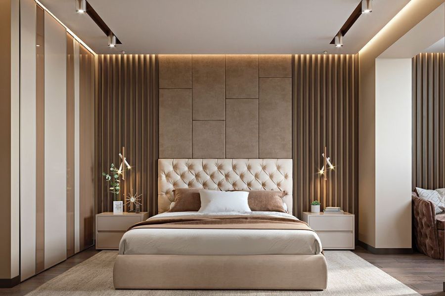 Phòng ngủ hiện đại với mẫu trần thạch cao đơn giản kết hợp hệ thống đèn led