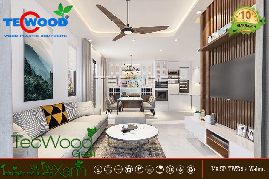 Trang trí nội thất phòng khách bằng tấm ốp gỗ nhựa