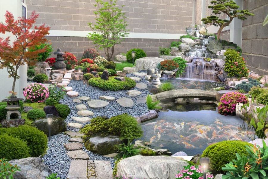 Thiết kế sân vườn tiểu cảnh với hồ cá nhỏ và những loại cây xanh dễ chăm sóc
