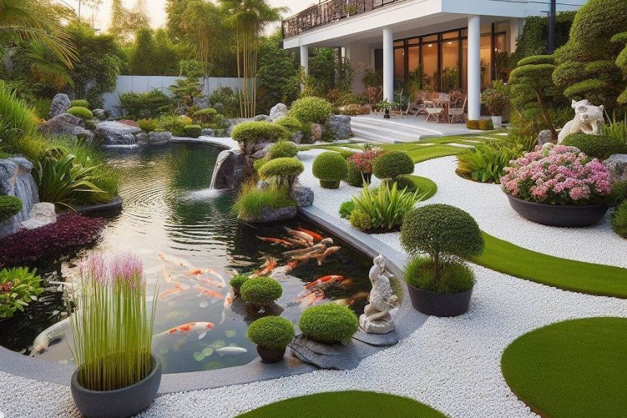Thiết kế tiểu cảnh hồ cá cho biệt thự sân vườn