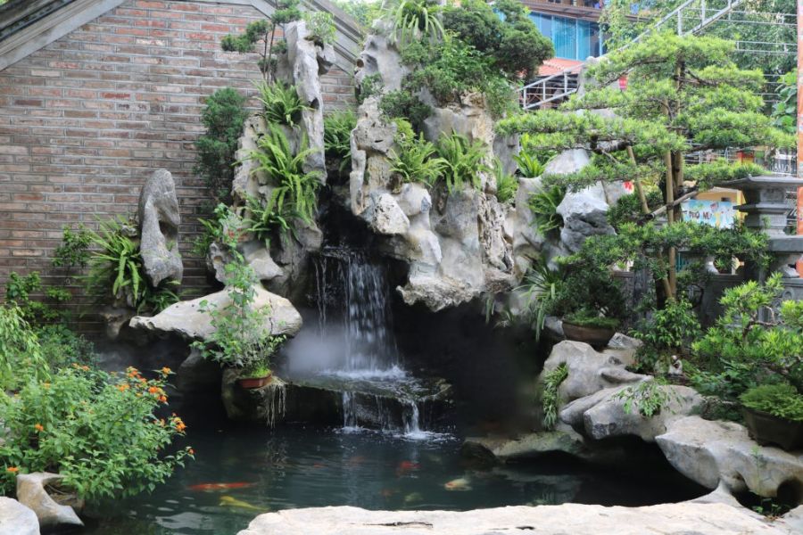 Tiểu cảnh hồ cá làm nổi bật không gian sân vườn