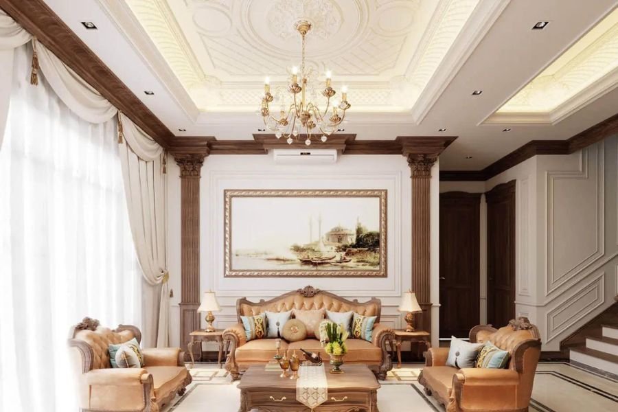Trần thạch cao trang trí phòng khách tân cổ điển