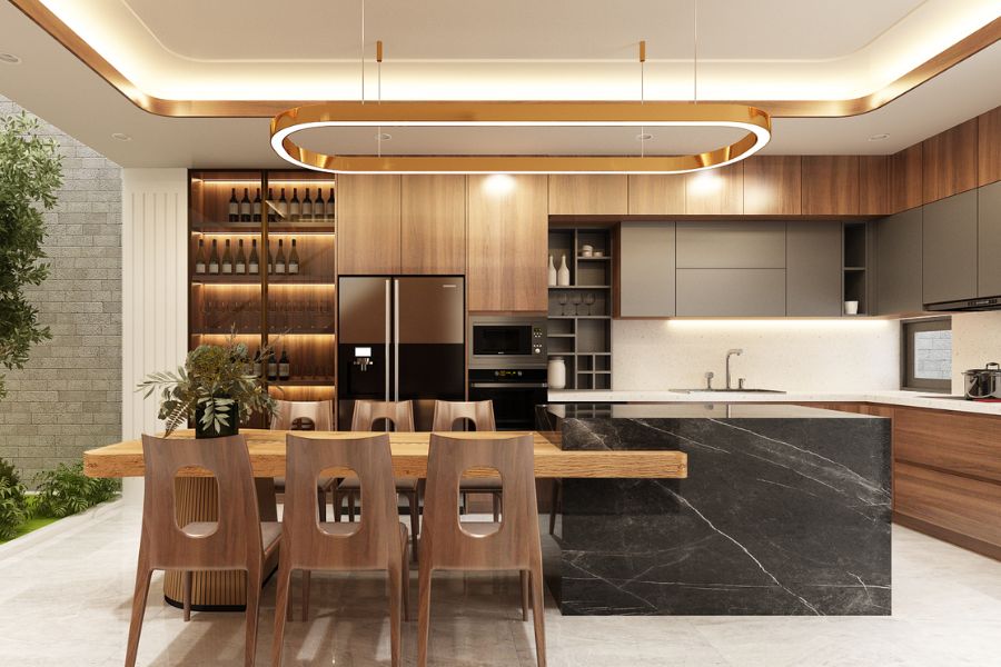 Mẫu trần thạch cao và đèn thả trang trí nhà bếp